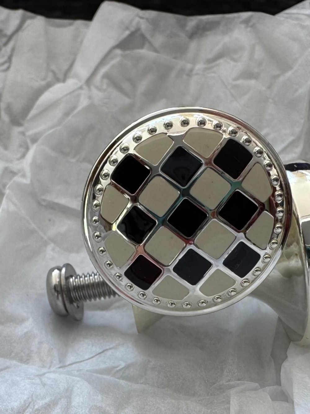 Mackenzie Childs Set of 2 Check Silver Plated Knobs 1.25" Black Off-White Enamel